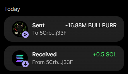 A mobile wallet screenshot displays a successful transaction showing 16.88M BULLPURR tokens sent to address 5Crb...j33F, with 0.5 SOL received in return, confirming the purchase described in the post.