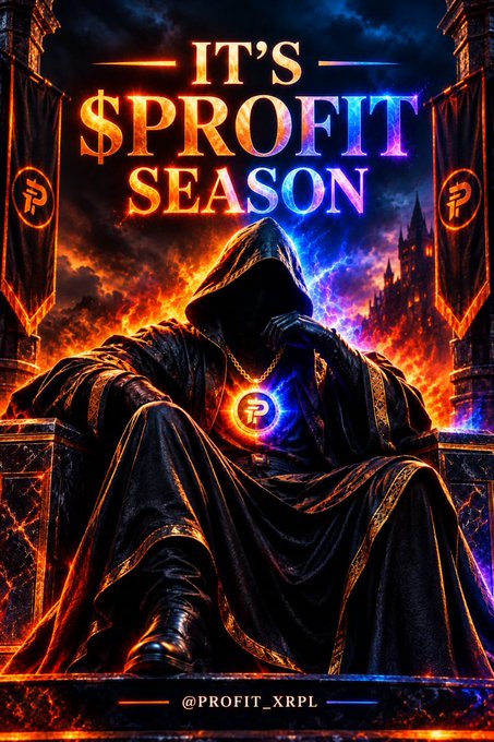 A dramatic digital poster featuring a hooded figure sitting on a throne with a glowing Pi coin medallion, with the text "IT'S $PROFIT SEASON" and "@PROFIT_XRPL".