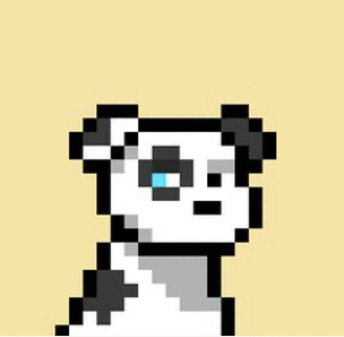 A pixel art illustration of a panda's head and upper body against a beige background, with one eye glowing blue and wearing a white headband.