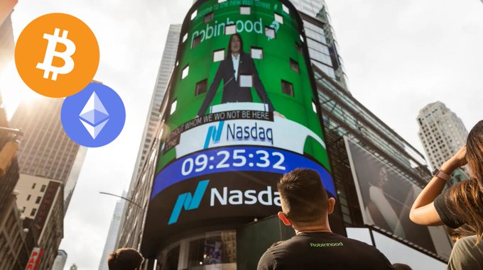 A large Robinhood display featuring "ROBINHOOD FROM WE, NOT BE HERE," "Nasdaq," and a timestamp of "09:25:32" is shown on a billboard above a crowd, with Bitcoin and Ethereum logos overlaid in the top left corner, visually tying together the convergence of traditional stock trading and crypto assets that the post highlights.