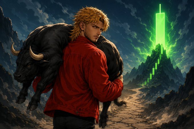 A digital artwork of a blonde-haired man in a red jacket carrying a black bull across his shoulders, with a green candlestick chart in the shape of a mountain peak in the background.