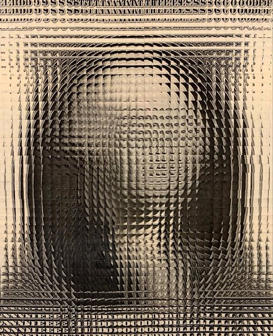 A grayscale image showing a face-like form composed of overlapping layers of printed text and numbers, with visible strings including "SS666666" and "DOOOODEE," creating a distorted, ghostly visual effect through the repetition of printed characters.