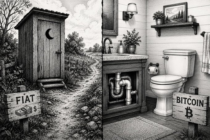 A black-and-white split illustration contrasts a rustic outdoor outhouse labeled 'FIAT' on the left with a clean indoor bathroom labeled 'BITCOIN' on the right.