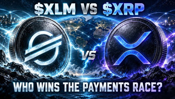 A promotional graphic featuring two large cryptocurrency coins (Stellar's $XLM and Ripple's $XRP) facing off against a space and Earth backdrop, with the text '$XLM VS $XRP' at the top and 'WHO WINS THE PAYMENTS RACE?' at the bottom.