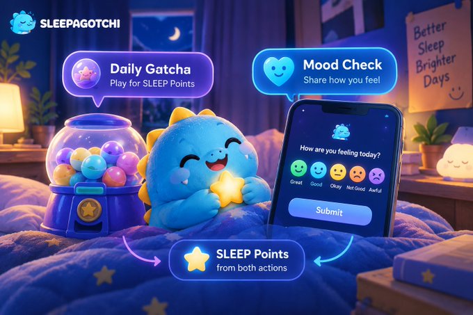 A promotional graphic for 'SLEEPAGOTCHI' showing a blue dinosaur-like character on a bed with a gacha machine, a phone displaying a 'Mood Check' with options Great, Good, Okay, Not Good, and Awful, and 'SLEEP Points from both actions'.