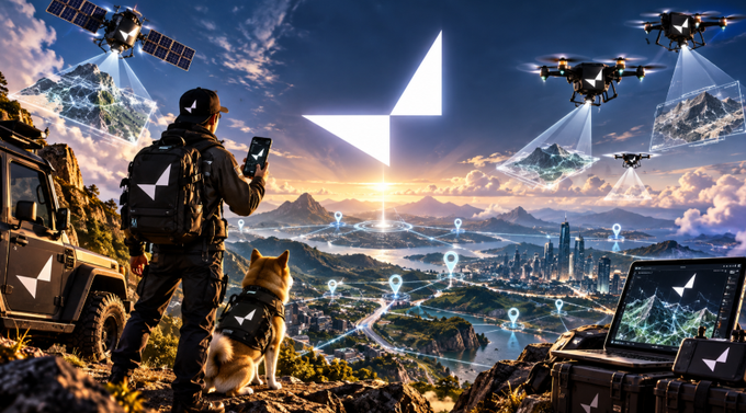 A futuristic sci-fi illustration showing a person with a dog on a mountain overlook at sunset, with drones, a satellite, and holographic map projections floating in the sky. The VANGRID logo is featured prominently in the center.
