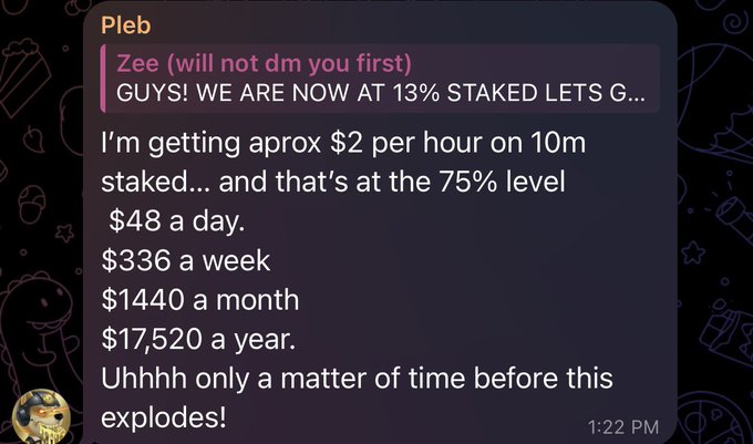 A Discord message from user 'Zee' in the Pleb channel bragging about earning approximately $2 per hour from 10m staked LETS, calculating $48/day, $336/week, $1440/month, and $17,520/year at 75% level.