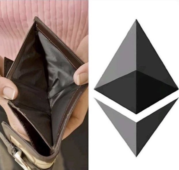 The image shows a person holding an open wallet with their hand inside of it. The wallet has a black and white design that resembles the Ethereum logo. This suggests that the wallet might be made by a company that uses the Ethereum platform for its transactions, or that the wallet is designed to resemble the Ethereum logo as a form of branding or marketing strategy.