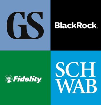 A four-panel graphic displaying the logos of major financial institutions: Goldman Sachs (GS), BlackRock, Fidelity, and Charles Schwab (SCHWAB).
