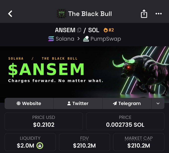 The image shows a crypto token page for **$ANSEM** ("The Black Bull") on Solana via PumpSwap, currently priced at **$0.2102 (0.002735 SOL)** with a market cap of **$210.2M** and **$2.0M liquidity**. The caption highlights the token's current sub-billion valuation, supporting the post's argument that multi-billion dollar runs take time and that selling now would be premature.