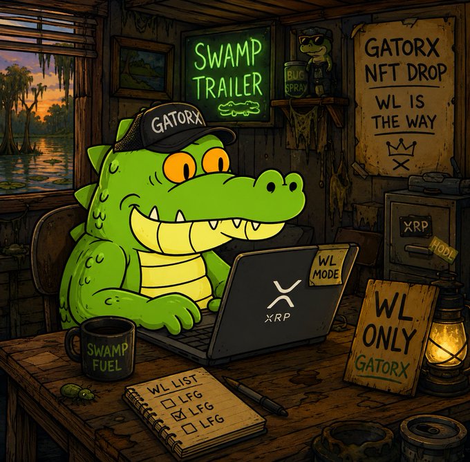 Cartoon illustration of an anthropomorphic alligator wearing a 'GATORX' cap, working on a laptop displaying the XRP logo, surrounded by 'SWAMP TRAILER' and 'GATORX NFT DROP' signs with 'WL ONLY' and 'WL LIST' notes.