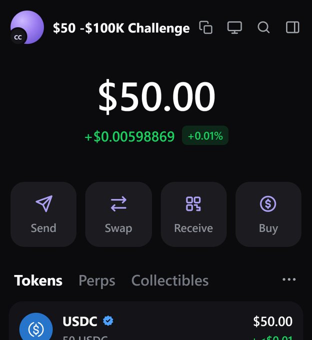 A screenshot of a crypto wallet showing a "$50 -$100K Challenge" account with a balance of $50.00 USDC (+$0.00598869, +0.01%), displaying Send, Swap, Receive, and Buy options to kick off the trading challenge.