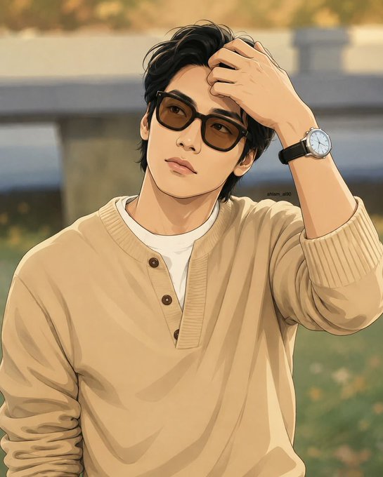 An anime-style illustration of a young man with dark hair wearing tinted sunglasses, a beige henley sweater, and a wristwatch, with his hand running through his hair.