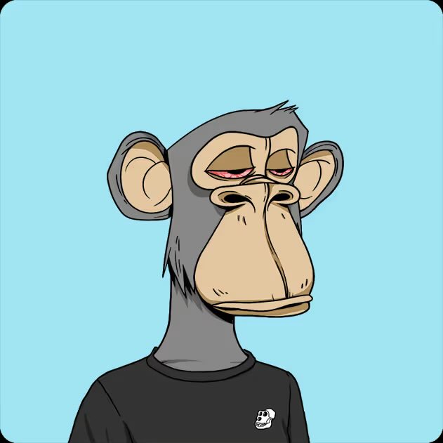 A cartoon illustration of a bored-looking Bored Ape-style monkey wearing a black t-shirt with a small white logo, set against a light blue background.