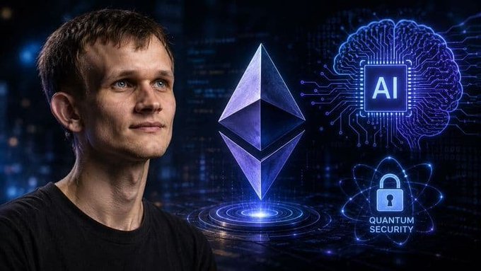 A graphic featuring Vitalik Buterin beside Ethereum and AI/Quantum Security logos set against a digital background.
