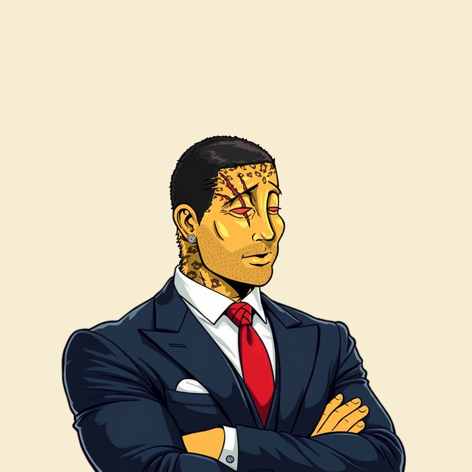 A digital illustration of a man in a dark suit and red tie with scars on his face, wearing an earring, and standing with his arms crossed.