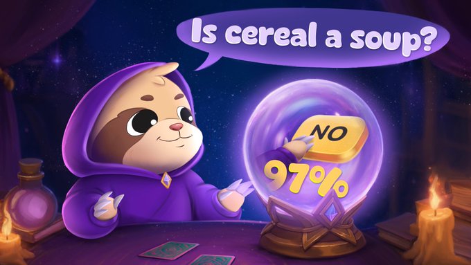 A cartoon sloth in a purple robe gazes into a glowing crystal ball displaying "NO" and "97%" in response to the speech bubble asking "Is cereal a soup?"—creating a humorous, mystical verdict that aligns with the caption "The crystal ball does not lie..." by delivering a definitive, statistically-backed answer with whimsical flair.