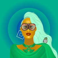 A stylized digital portrait of a turquoise-haired woman wearing sunglasses and a green outfit against a teal background, likely a CryptoNovo NFT profile image shared alongside a morning greeting to the World of Women NFT community.