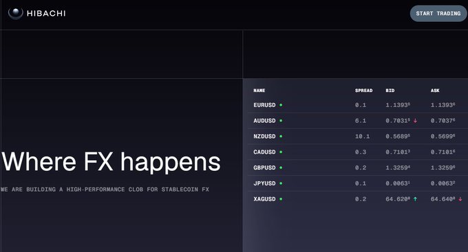 A website for Hibachi with the tagline 'Where FX happens - WE ARE BUILDING A HIGH-PERFORMANCE CLOB FOR STABLECOIN FX' displaying a forex trading table for pairs including EURUSD, AUDUSD, NZDUSD, CADUSD, GBPUSD, JPYUSD, and XAGUSD.