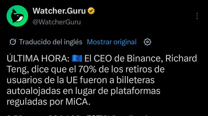 The image is a Spanish-translated tweet from Watcher.Guru (@WatcherGuru) stating: "BREAKING: 🇪🇺 Binance CEO Richard Teng says 70% of EU user withdrawals went to self-hosted wallets rather than MiCA-regulated platforms." This supports the commenter's sarcastic point about European regulators attempting to ban self-hosted wallets when users overwhelmingly prefer them over regulated platforms.