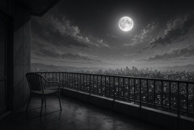 A black and white photo of a metal chair on a balcony overlooking a city skyline at night, with a full moon and scattered clouds in the sky.