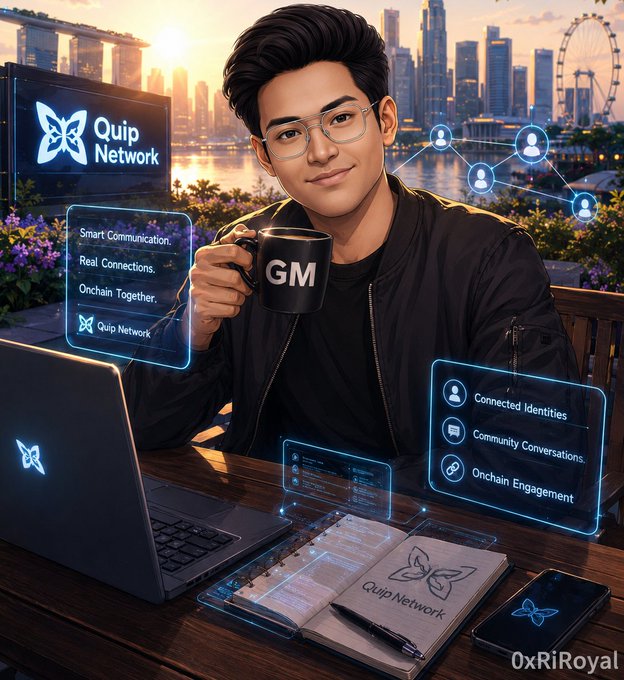 A stylized digital illustration of a young man with glasses holding a "GM" mug, with holographic displays showing "Quip Network," "Smart Communication. Real Connections. Onchain Together," and "Connected Identities, Community Conversations, Onchain Engagement" against a city skyline. Watermarked "0xRiRoyal".