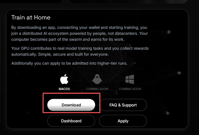 A "Train at Home" download page highlighting the "Download" button for the macOS app, with Windows and Linux versions marked "Coming Soon," from the macrocosmos.ai website referenced in Lao Zhang's tutorial on mining IOTA tokens.