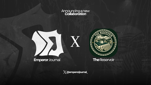 A dark-themed promotional graphic announcing a new collaboration between Emperor Journal and The Reservoir, featuring stylized logos for both brands separated by an "X" symbol, with the handle @emperorjournal displayed below. The design complements the post's announcement of a partnership with The Reservoir NFT ecosystem.