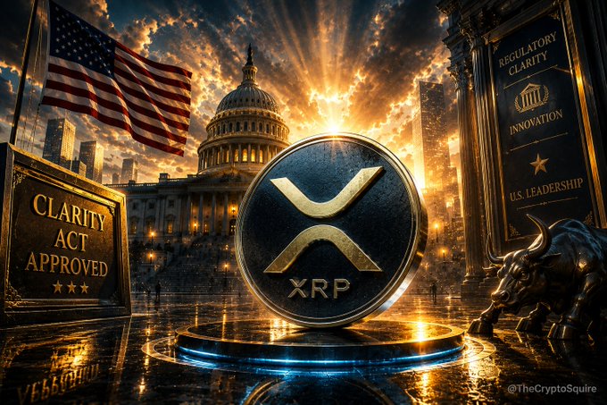 A stylized digital illustration depicts the XRP logo prominently displayed on a glowing pedestal with the U.S. Capitol Building and American flag in the background, flanked by plaques reading "CLARITY ACT APPROVED" and "REGULATORY CLARITY · INNOVATION · U.S. LEADERSHIP," along with a bronze bull statue, visually reinforcing the post's message that XRP will be the biggest beneficiary once the Clarity Act provides the regulatory framework Ripple has long sought.