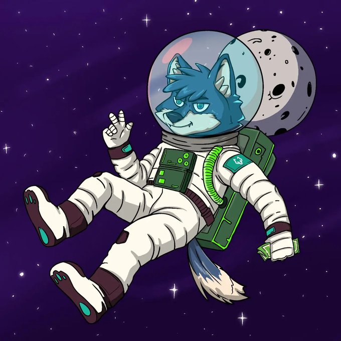 An anthropomorphic blue wolf in a spacesuit floats through a starry purple cosmos next to a cratered moon, with one hand raised in a "come here" gesture while holding cash in the other. The character appears to be the "Wolfie" mascot referenced in the post, promoting the $PACK token and Wolf Swap aggregator through a space-themed illustration.