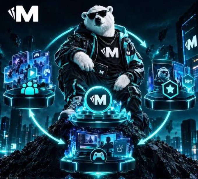 A digital artwork featuring a cool polar bear wearing sunglasses and tech-themed clothing, sitting on a futuristic pedestal surrounded by icons representing social media, NFTs, gaming, and a 'VM' logo in the top-left corner.