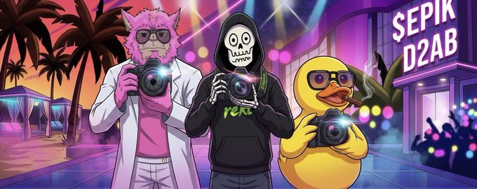 An illustrated cartoon scene of three NFT-style characters (a pink cat scientist, a grim reaper, and a duck) holding cameras at a party with a 'SEPIK D2AB' sign.