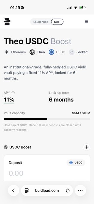 A screenshot of the Buidlpad DeFi page for the Theo USDC Boost, showing an 11% APY yield vault with a 6-month lock-up term and $5M of $10M vault capacity filled, supporting the post's discussion of Theo's launchpad event on Buidlpad.