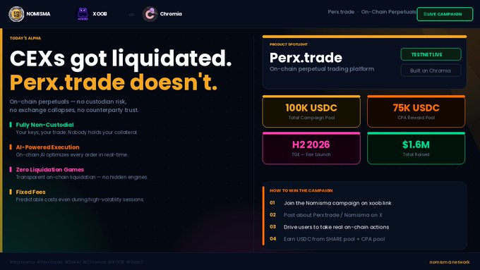The image shows a webpage with a focus on the recent collapse of various exchanges, including FTX and CEX, as well as BMTx. It features different options related to trading on these platforms or analyzing their collapse. The text above the image reads "FTX collapsed. Celsius collapsed. BitMEX got seized. Every time a CEX went down, people trading perpetuals got wiped out." The screenshot of the web page shows the collapsing exchanges and includes a chart showing the value drop in USDC from these exchanges as well as the percentage decrease.