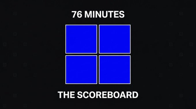 A minimalist black background graphic featuring four blue squares arranged in a 2x2 grid with the text '76 MINUTES' above and 'THE SCOREBOARD' below.