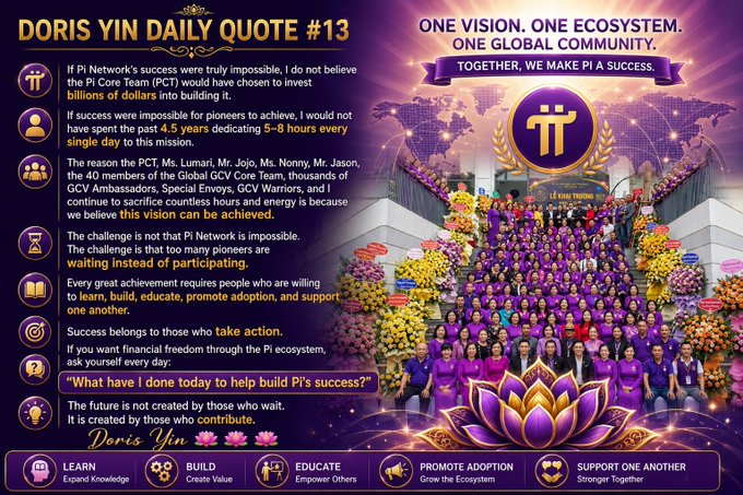 Doris Yin's Pi Network Daily Quote #13 discussing the Pi Network success and ecosystem, featuring a large group photo of community members in purple shirts.