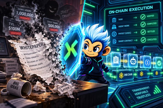 A digital artwork contrasting a crumbling whitepaper scene with figures labeled 'VANISHED' (1,000,000 demo users, $100M TVL, 500,000 daily tasks) against an 'ON-CHAIN EXECUTION' interface showing verified blockchain tasks.