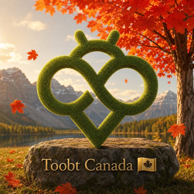 The image shows a moss-covered Celtic heart knot sculpture displayed on a stone pedestal with the text "Toobt Canada" and a Canadian flag emoji below it, set against a scenic backdrop of mountains, a lake, and vibrant orange autumn maple leaves.

This serene, nature-filled composition pairs nicely with the "gm, enjoy your weekend legends" post—evoking the calm, reflective vibe of a peaceful Canadian autumn morning to start the day.