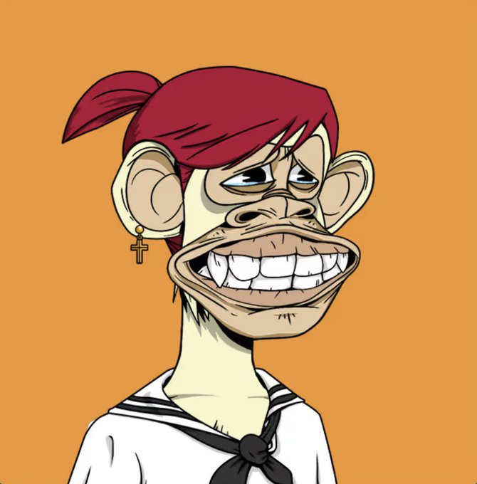 A cartoon illustration of a Bored Ape-style character with red hair tied in a ponytail, large ears with a gold cross earring, an oversized toothy grin, and a white sailor-style shirt against an orange background.