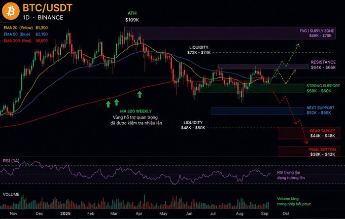 The image is a BTC/USDT 1D Binance candlestick chart annotated with key technical levels—marking the all-time high at $109K, resistance zones at $68K–$70K and $64K–$65K, strong support at $58K–$60K, next support at $52K–$55K, bear targets at $44K–$48K, and a final bottom at $38K–$42K—alongside the 200 EMA weekly bounce highlighted as a decisive mid-term support area, with RSI (14) showing upward momentum and volume trending higher in the background.