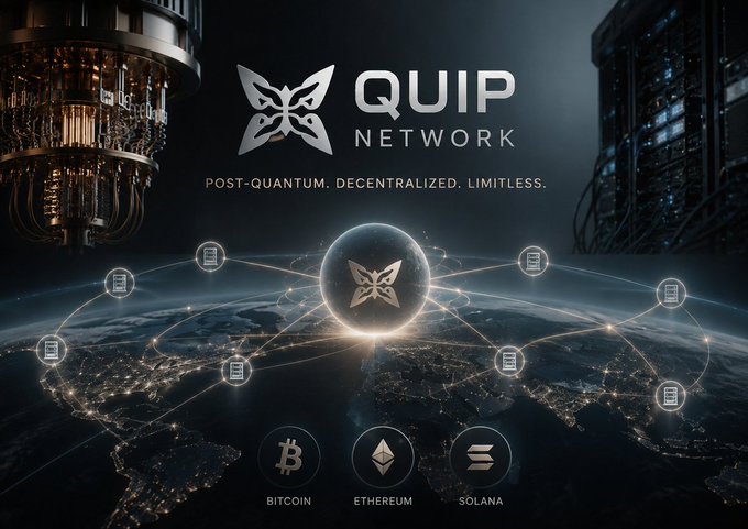 Promotional image for the 'QUIP NETWORK' featuring a butterfly logo, a globe connected to nodes, quantum computing hardware, and the tagline 'POST-QUANTUM. DECENTRALIZED. LIMITLESS.' alongside icons for Bitcoin, Ethereum, and Solana.