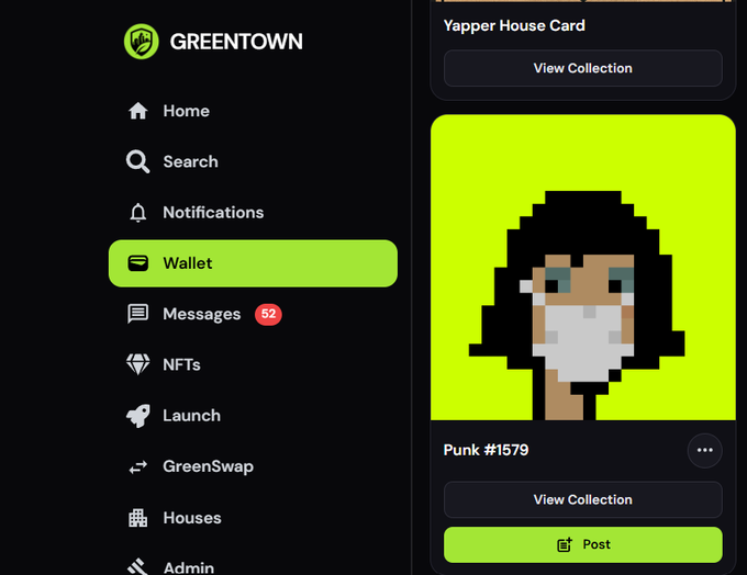 A screenshot of the Greentown dApp interface showing a navigation menu (Home, Search, Notifications, Wallet, Messages, NFTs, Launch, GreenSwap, Houses, Admin) alongside a 'Punk #1579' NFT card featuring a pixel art character with long black hair and a white face mask.