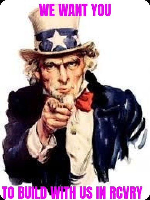 The image features a cartoon depiction of Uncle Sam, wearing his iconic hat and bowler cap, pointing with his finger towards the viewer. The caption below the image reads "To Build With Us In RCVRY", which suggests that the poster is promoting an event or cause related to Uncle Sam's character.