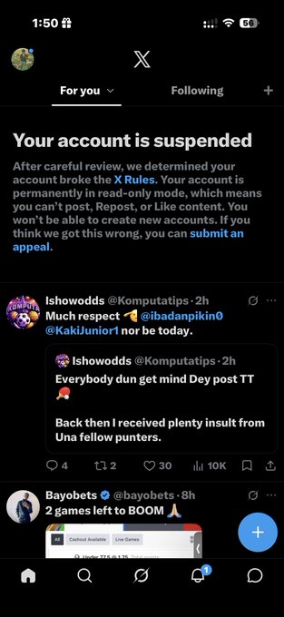 The image shows a Twitter/X app screenshot displaying an account suspension notice at the top stating "Your account is suspended" in read-only mode, with a "Fantoms" feed below showing posts from users like @Ishowodds and @bayobets, which aligns with the caption indicating this is a new "Fantoms" account.