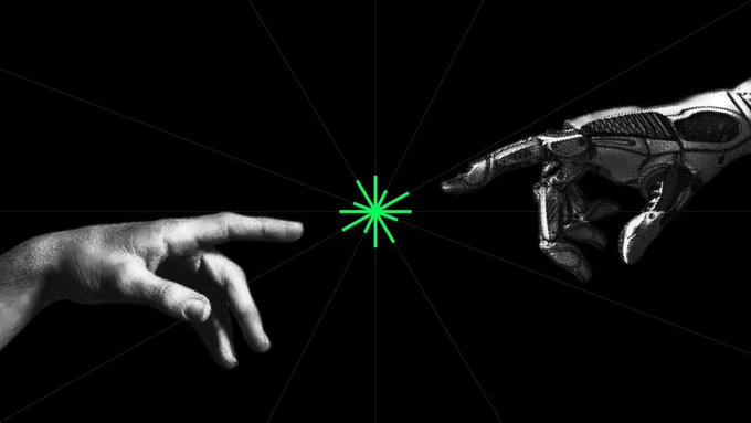 An artistic black-and-white image recreating Michelangelo's 'Creation of Adam', with a human hand on the left and a robotic hand on the right reaching toward each other, separated by a green starburst.