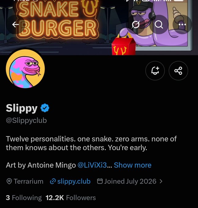 The image shows the X (Twitter) profile page for "Slippy" (@Slippyclub), featuring a cartoon snake mascot and a banner reading "SNAKE BURGER," with a bio stating "Twelve personalities. one snake. zero arms. none of them knows about the others. You're early." The profile, which has 12.2K followers, supports the post's announcement of a 10-part series breaking down Slippy, serving as the official page that introduces the project's concept and identity.