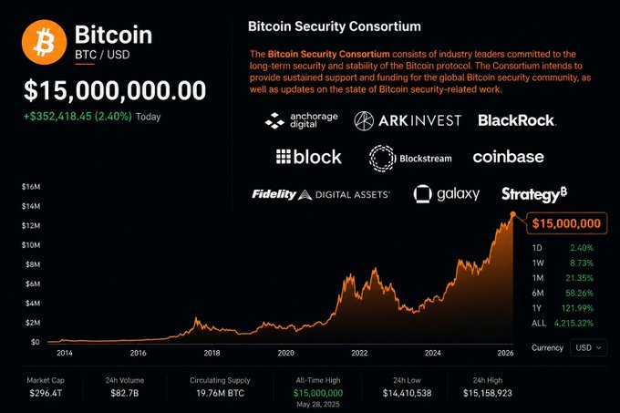 A Bitcoin (BTC/USD) price tracker showing $15,000,000.00 with a +2.40% daily gain, featuring a chart and logos of the Bitcoin Security Consortium members including BlackRock, Coinbase, and Fidelity.