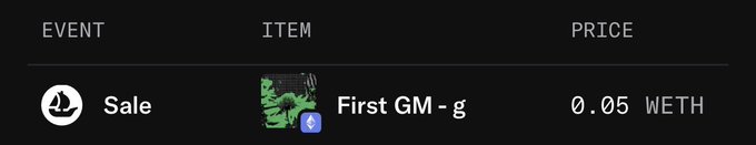 A dark event transaction table listing a “Sale” for the item “First GM - g” at a price of “0.05 WETH,” with an Ethereum icon.