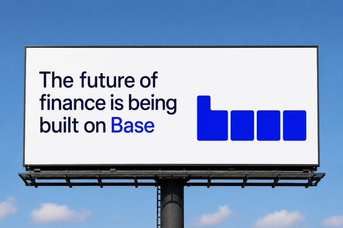 "The future of finance is being built on Base", which appears to be a billboard or sign, possibly advertising a company named Base.