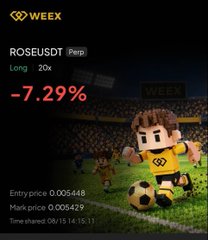 A digital interface displays 'WEEK' and 'ROSESDT (Perp)' with a -7.29% change, featuring a cartoon character with a soccer ball.